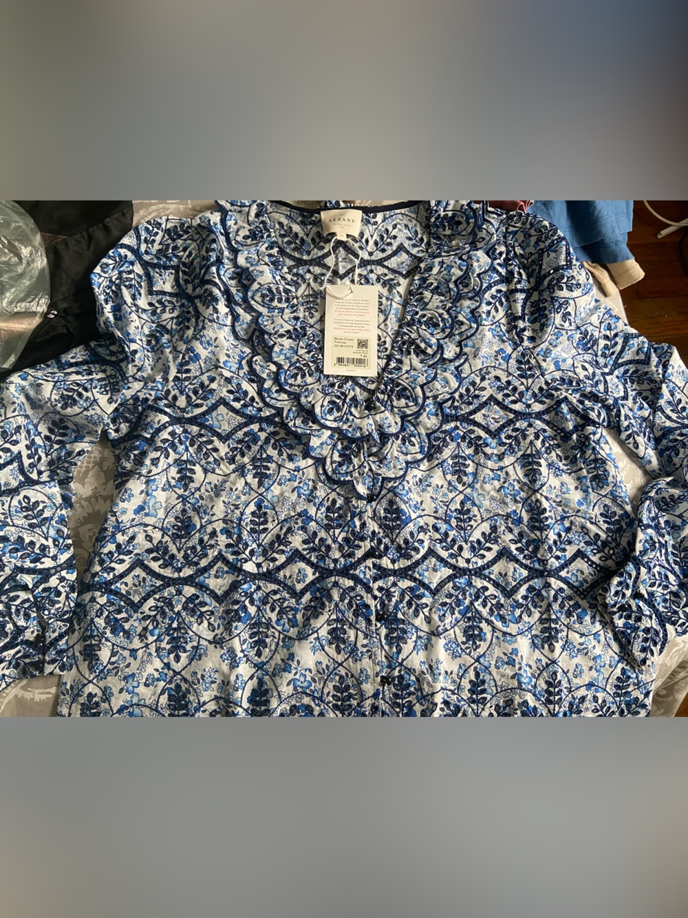 Sézane Oceana Blue and White Floral Ruffle Blouse Brand New!!! - Picture 3 of 7